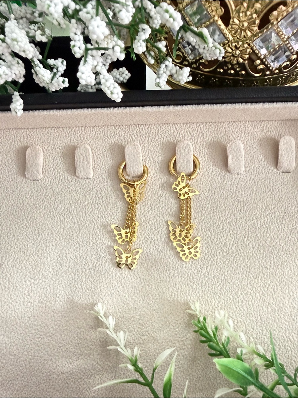 Gold Butterfly Drop Hoop 18k gold plated stainless steel with charms earrings
